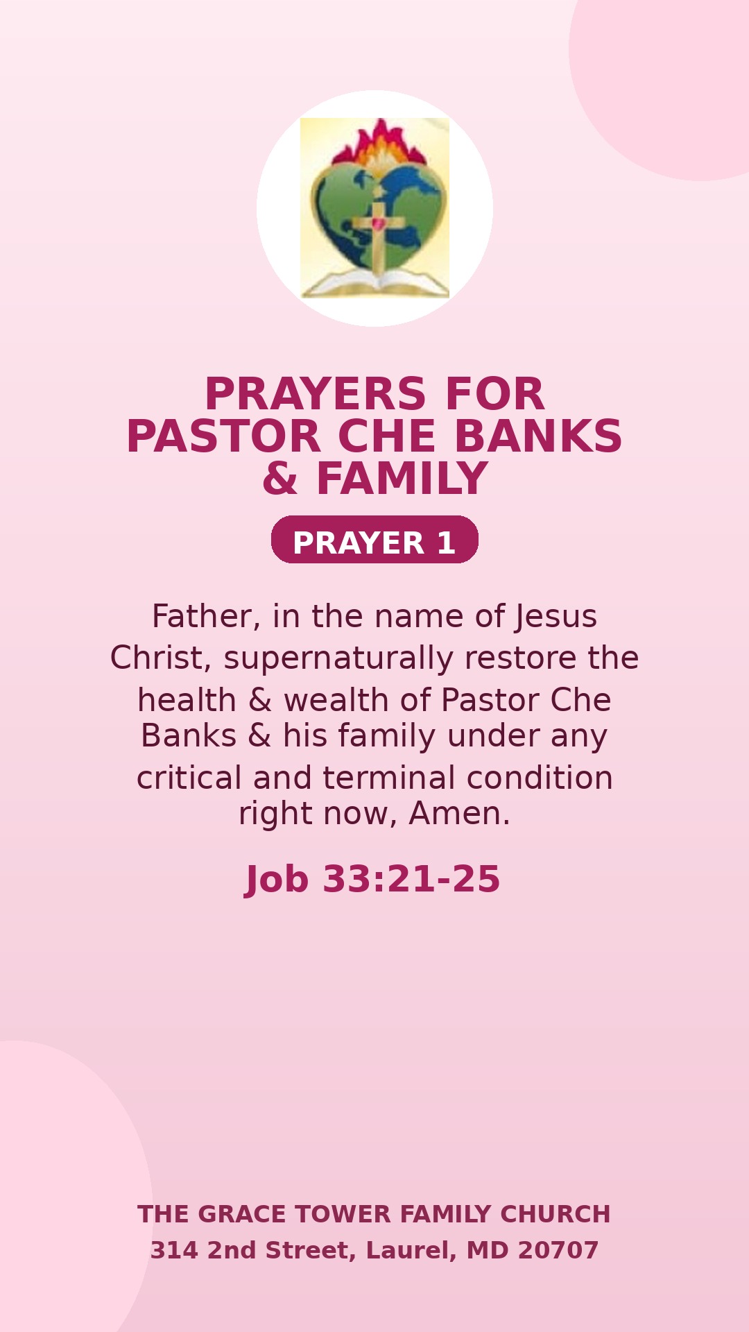 Prayer for Pastor Che Banks and family — card 1