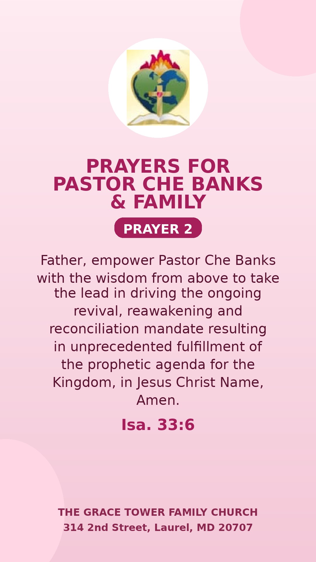 Prayer for Pastor Che Banks and family — card 2
